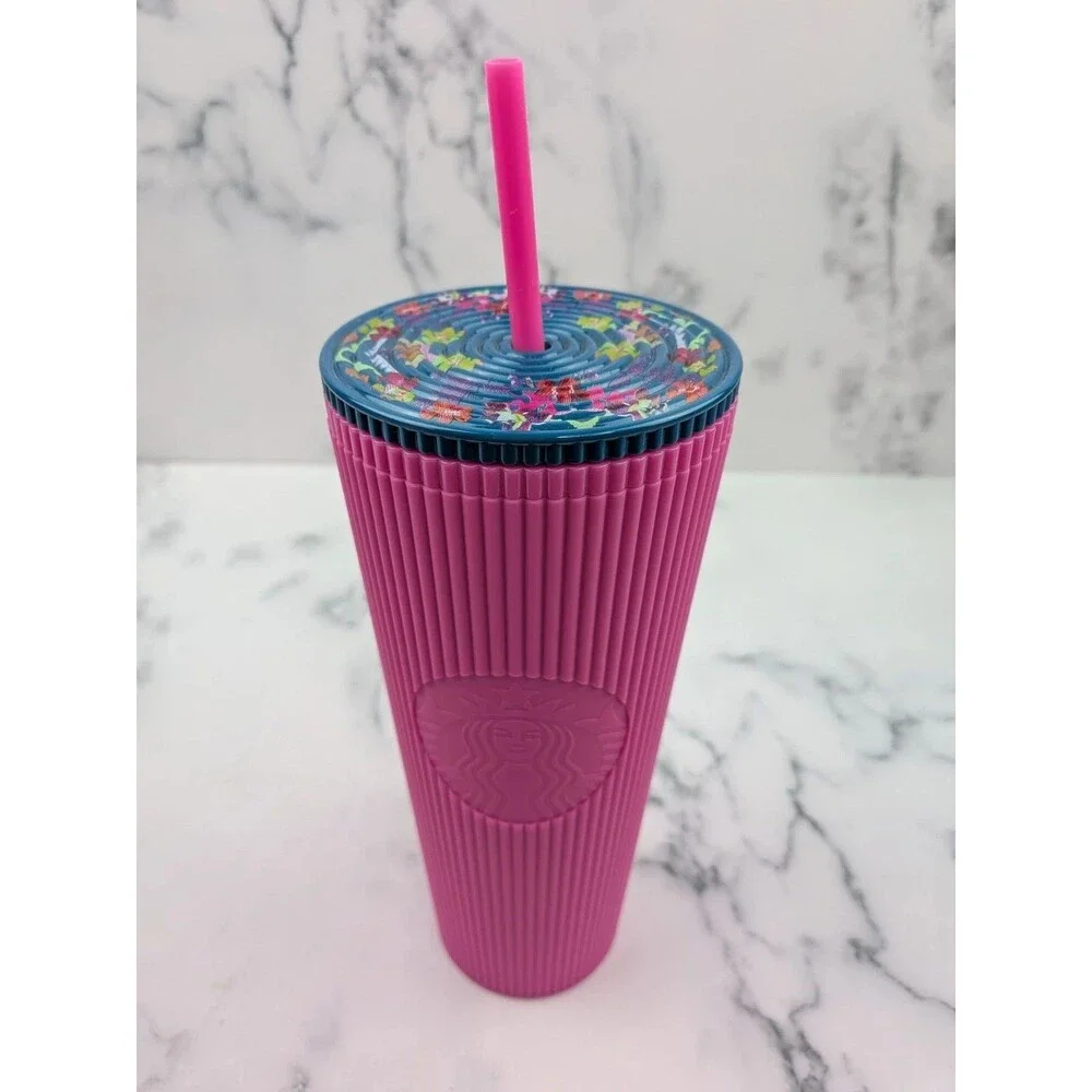 Starbucks Fall 2025 Pink & Blue Floral Pleated Soft Touch Tumbler 24oz Venti Cup